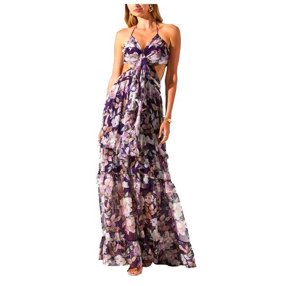 ASTR the Label Women's Kitsune Floral Cut-Out Halter Maxi Dress Size: L - Picture 8 of 12